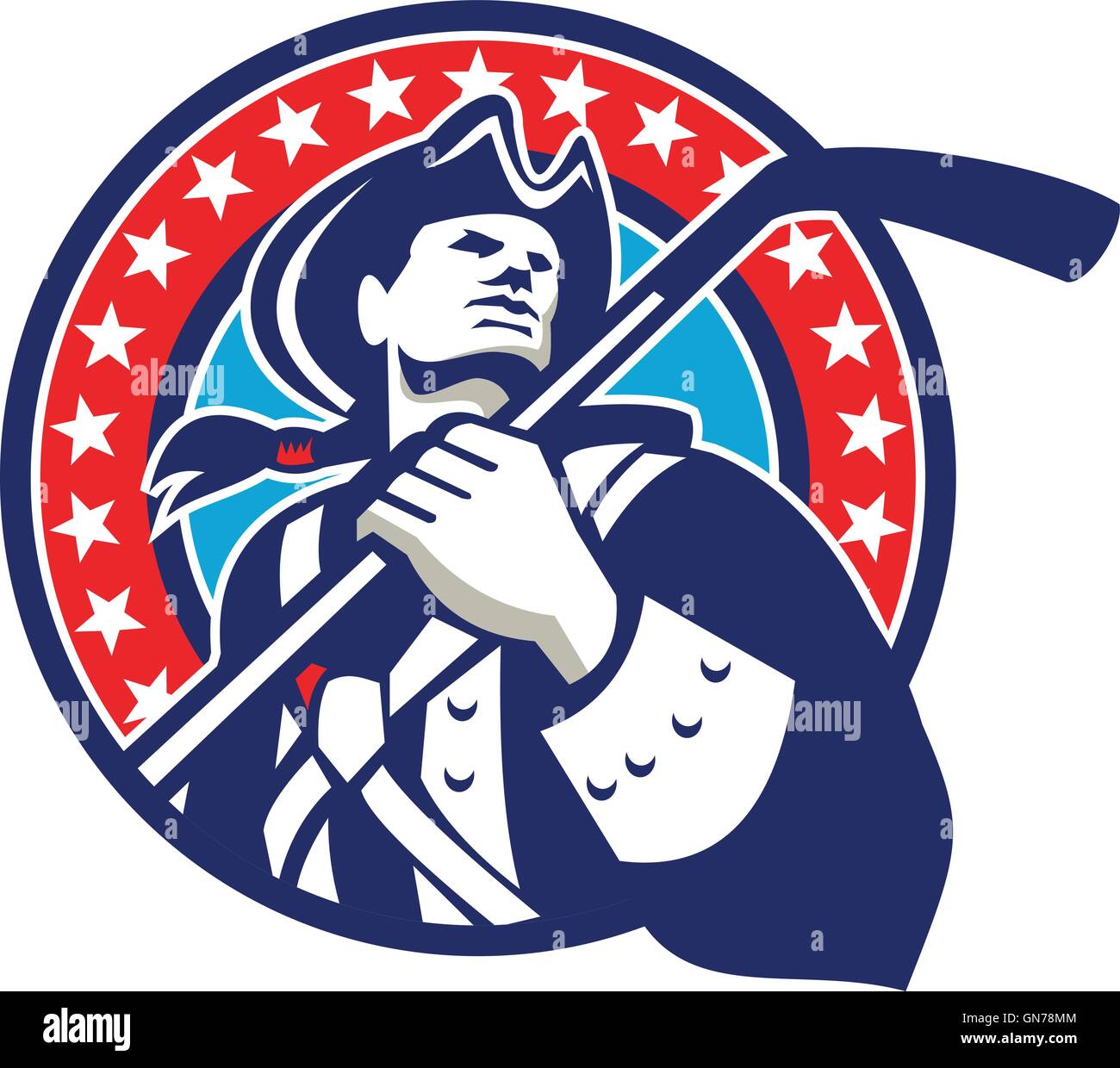 Illustration d'un patriote américain holding ice hockey stick à la recherche sur le côté vue de l'avant ensemble à l'intérieur du cercle d'étoiles Illustration de Vecteur