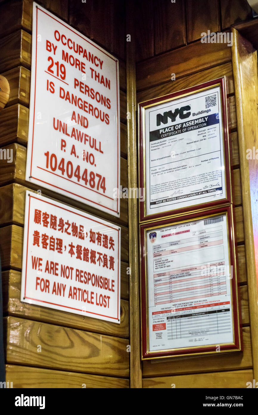 New York City, NY NYC Lower Manhattan, Congee Village Restaurant & Bar, restaurant restaurants restauration café cafés, permis d'exploitation asiatique, panneau, occupant Banque D'Images