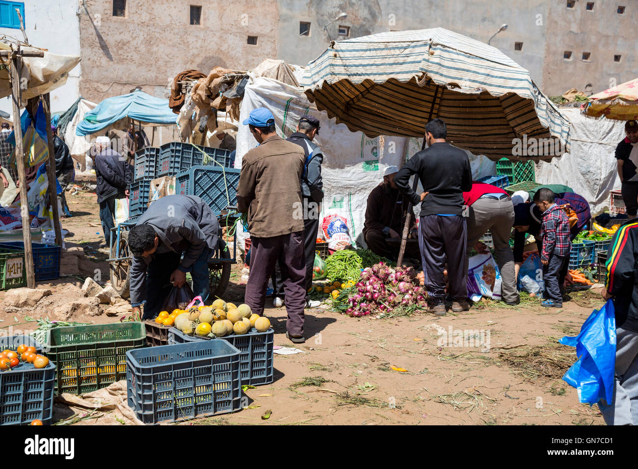 Le Maroc. Des melons et des légumes pour la vente, ont marché du Draa, Province d'Essaouira. Banque D'Images