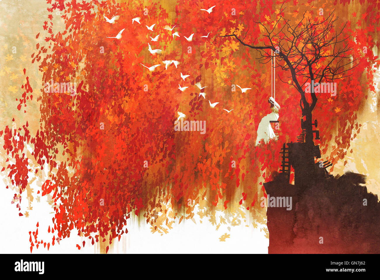 Femme sur une balançoire en vertu de l'arbre d'automne,illustration peinture Banque D'Images