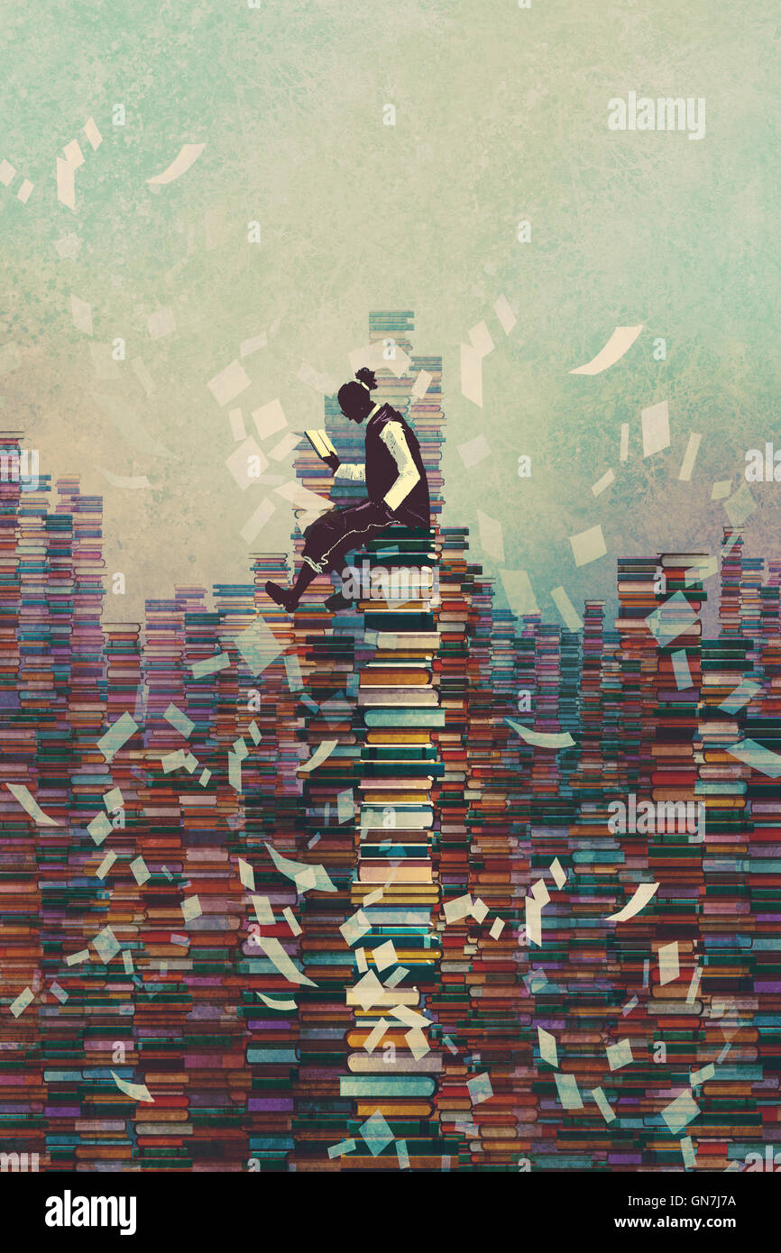 Man reading book while sitting on pile of books,Peinture,illustration du concept de connaissance Banque D'Images