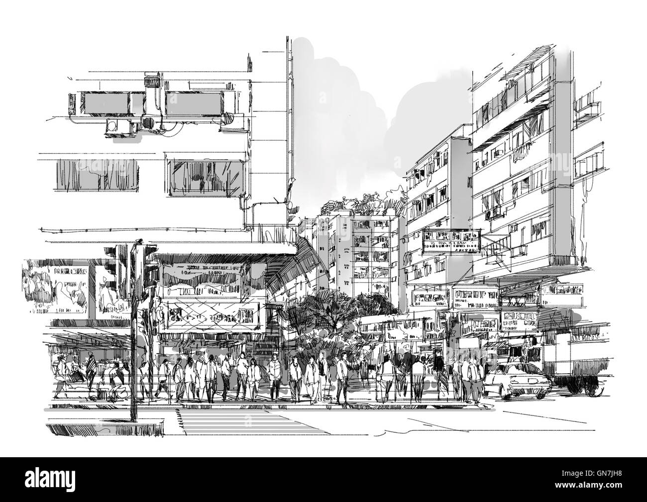 Croquis de la main street ville paysage urbain,dessin,,Illustration. Banque D'Images
