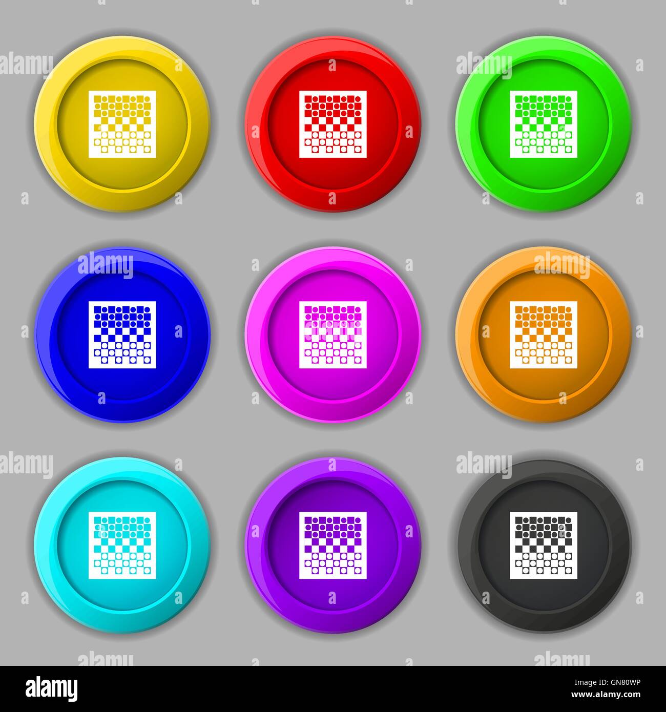 Checkers board sign. L'icône Symbole sur neuf boutons colorés. Vector Illustration de Vecteur