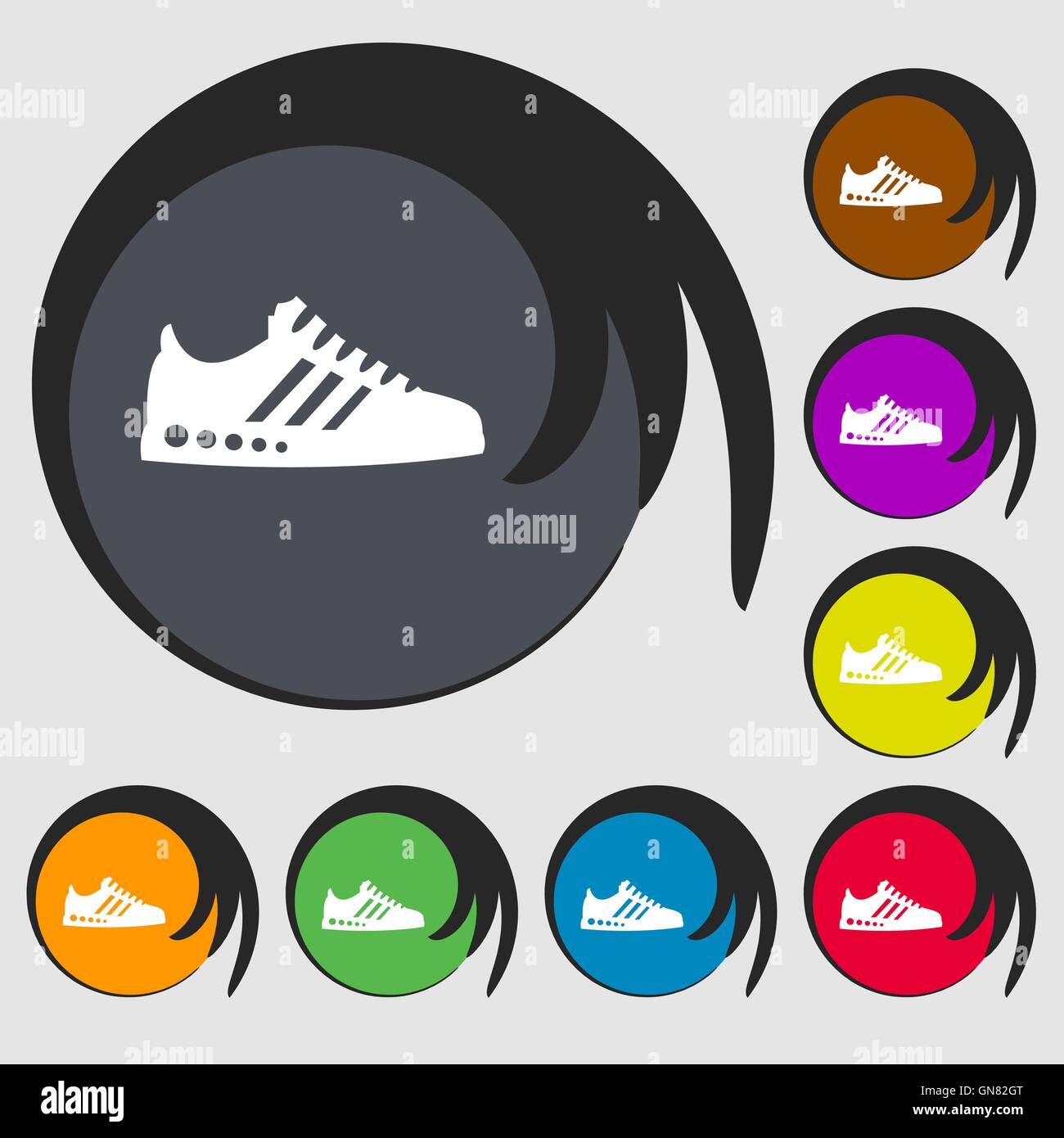 Sneakers icône. Symboles sur huit boutons de couleur. Vector Illustration de Vecteur