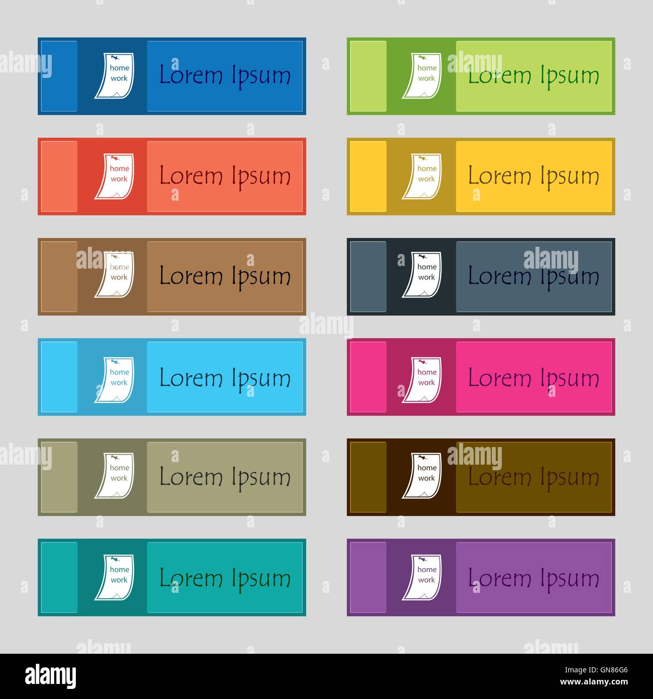 Icône devoirs signe. Ensemble de douze rectangulaire, coloré, beau et de grande qualité de boutons pour le site. Vector Illustration de Vecteur