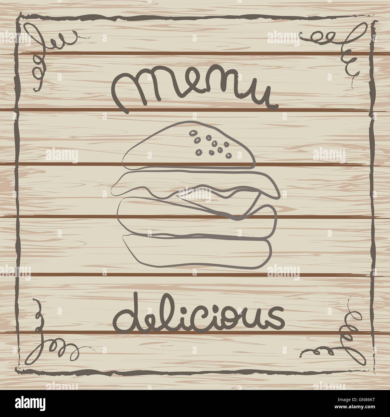 Délicieux hamburger carte des menus sur une texture en bois Illustration de Vecteur