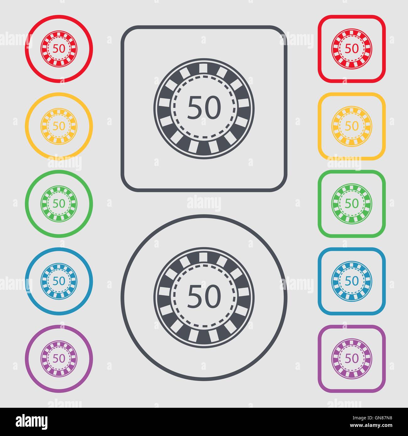 L'icône Casino signe. symbole sur le boutons ronds et carrés avec le bâti. Vector Illustration de Vecteur