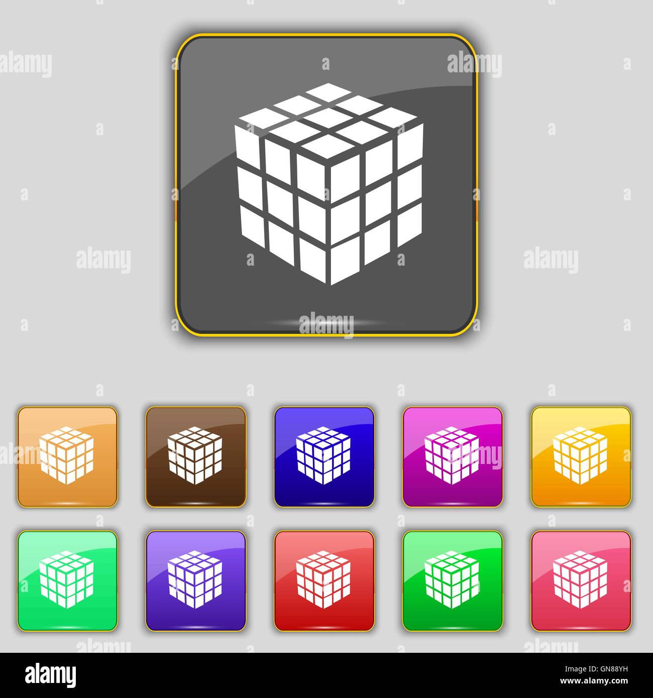 Une boîte de puzzle cube à trois côtés dans l'icône 3D signe. Set avec 11 boutons de couleur pour votre site. Vector Illustration de Vecteur