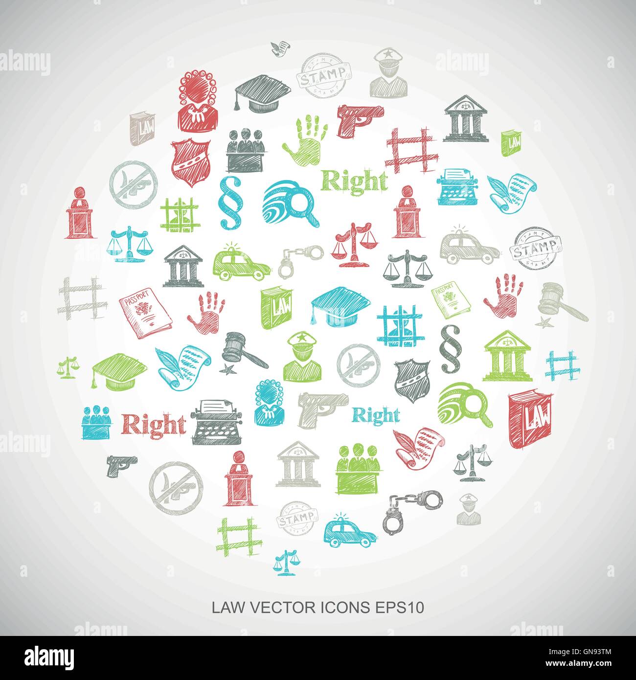 Multicolor doodles Hand Drawn Law Icons set sur blanc. EPS10 vector illustration. Illustration de Vecteur