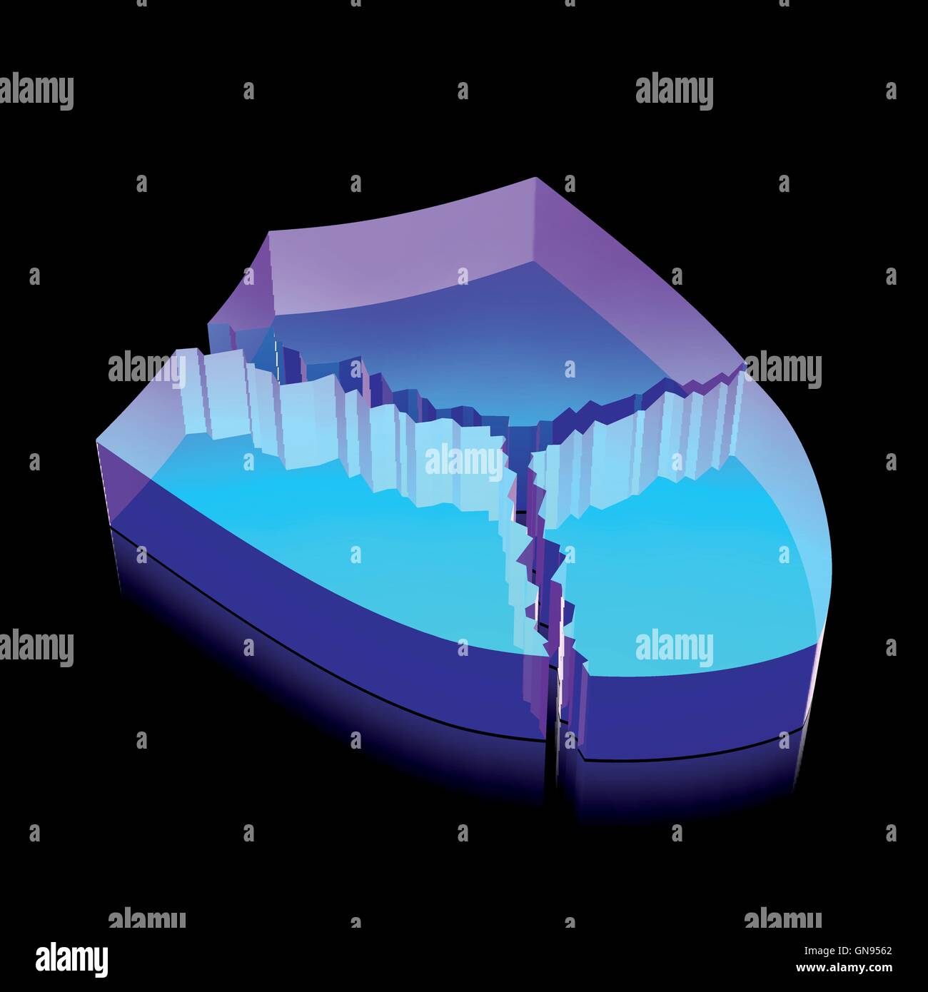Lumineux néon 3d icône de bouclier brisé fait de verre, vector illustration. Illustration de Vecteur