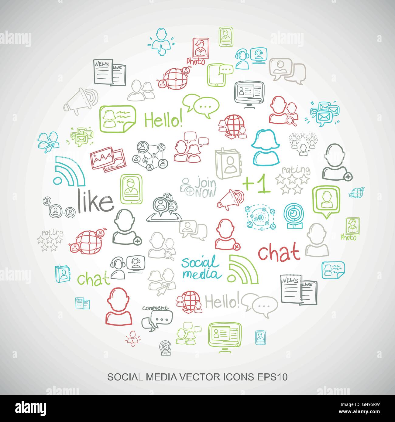 Les médias sociaux Multicolor doodles Hand Drawn Social Network Icons set sur blanc. EPS10 vector illustration. Illustration de Vecteur