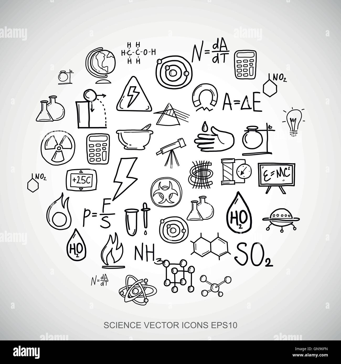 Gribouillages noirs Sciences dessiné à la main Icons set sur blanc. EPS10 vector illustration. Illustration de Vecteur