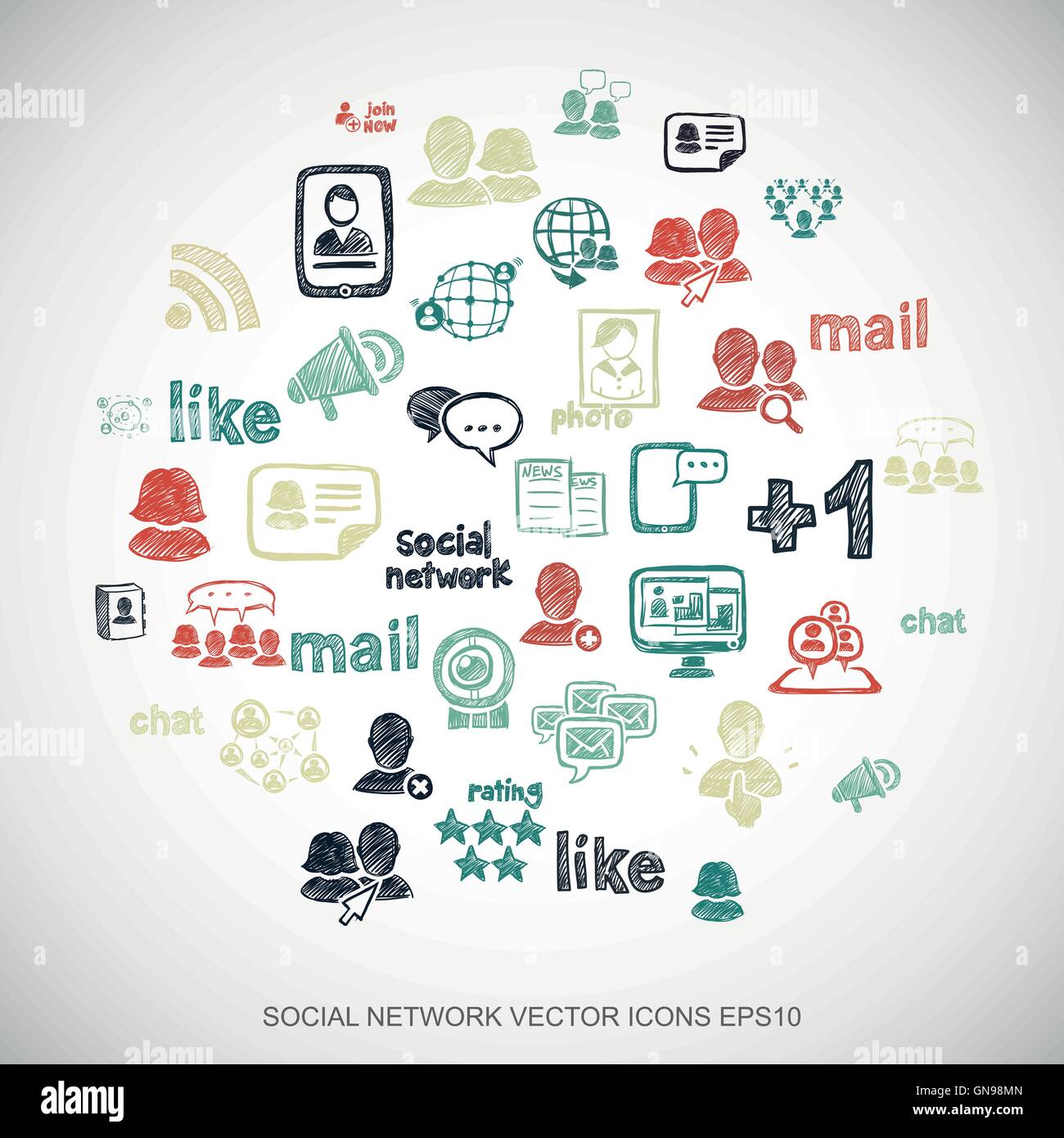 Multicolor doodles Hand Drawn Social Network Icons set sur blanc. EPS10 vector illustration. Illustration de Vecteur