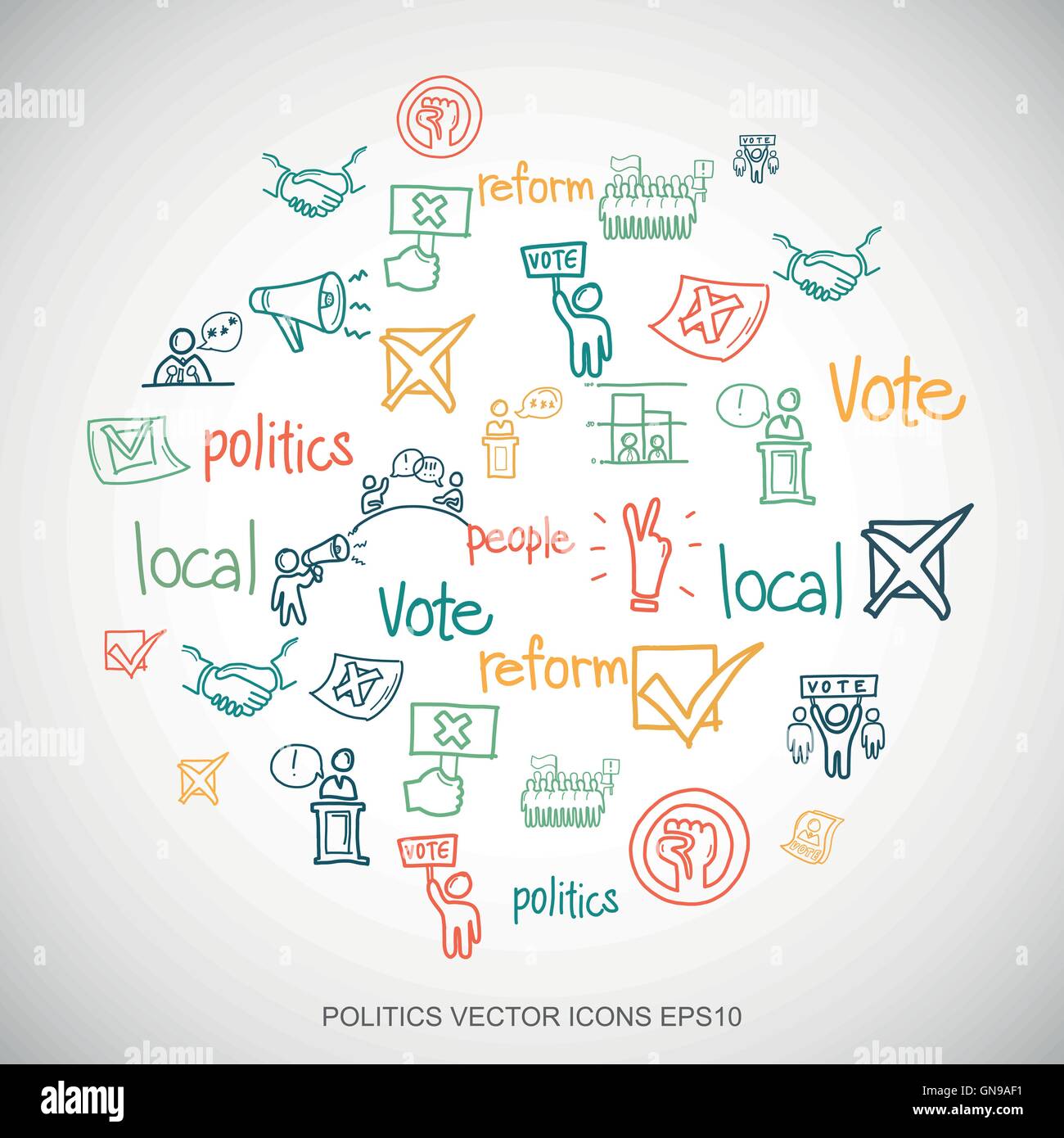 Multicolor doodles Hand Drawn Politics Icons set sur blanc. EPS10 vector illustration. Illustration de Vecteur