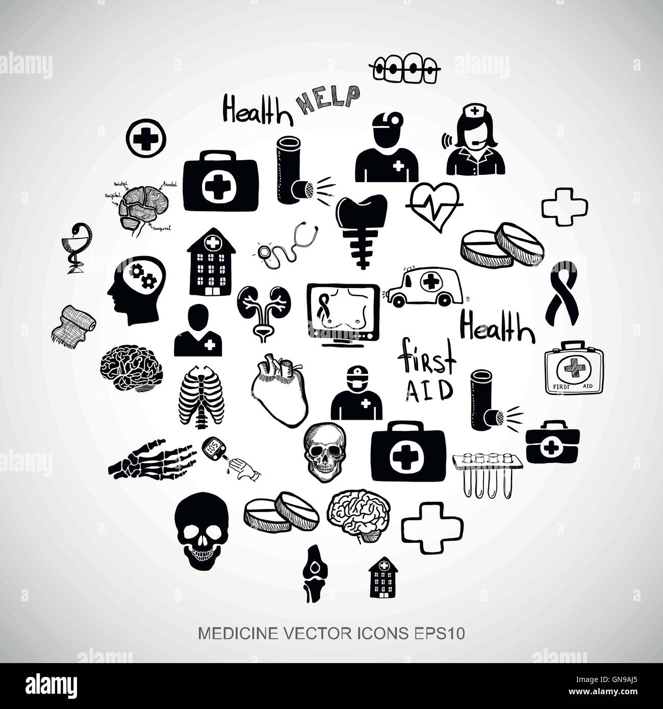 Noir soins doodles Hand Drawn Medicine Icons set sur blanc. EPS10 vector illustration. Illustration de Vecteur