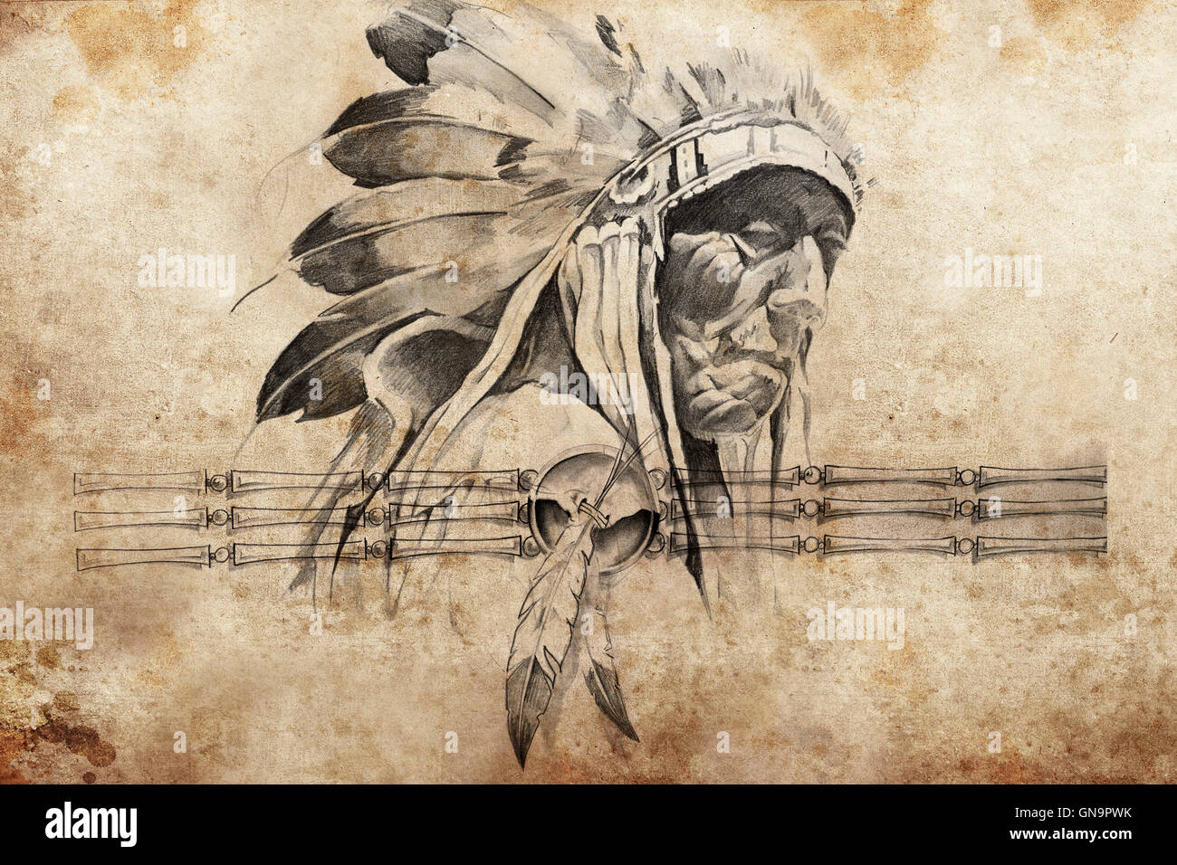 Croquis de tatouage tribal indien américain chef warriors Banque D'Images