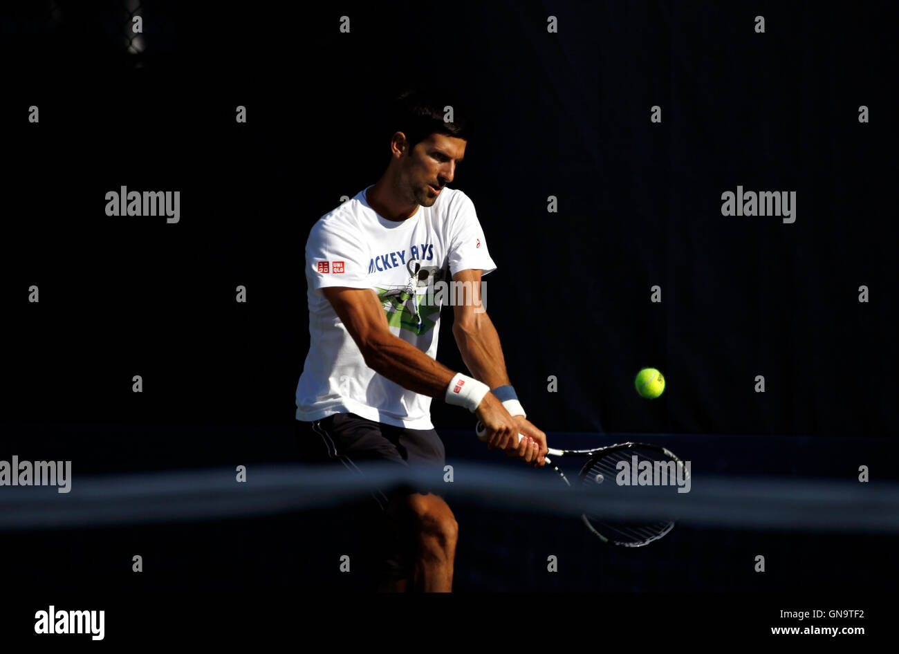 New York, États-Unis. Août 28, 2016. Novak Djokovic au cours d'une session pratique le dimanche 28 août, à l'échelon National Tennis Center de Flushing Meadows, New York. Djokovic a été pratique pour l'US Open Tennis Championships qui commence le lundi 29 août. Crédit : Adam Stoltman/Alamy Live News Banque D'Images