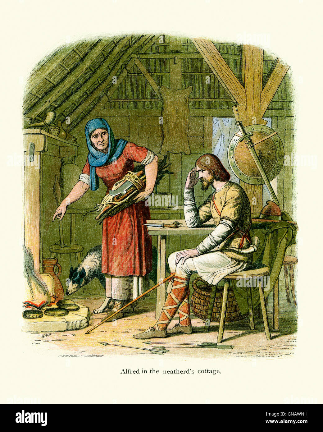 Le roi Alfred brûler les gâteaux dans l'neatherd's Cottage. Alfred le Grand (849 - 26 octobre 899) fut roi du Wessex de 871 à Banque D'Images