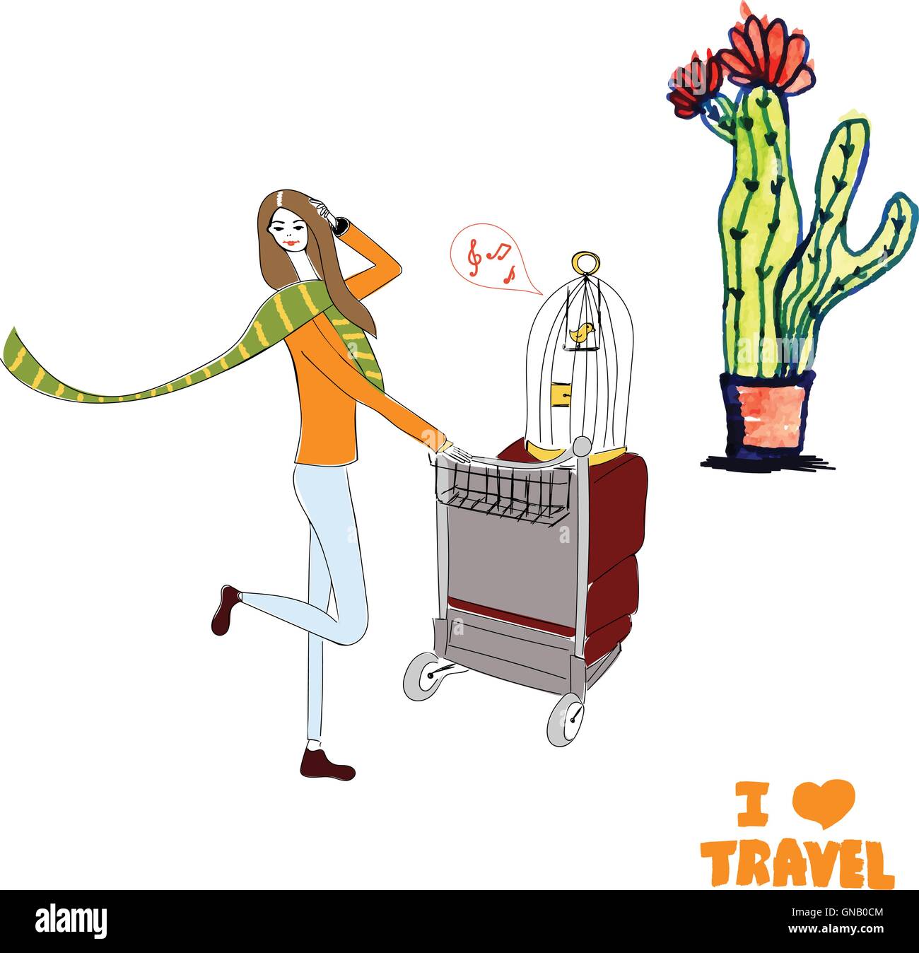 Les Jeunes Femmes Avec Des Valises Et Cage à Oiseaux Avec