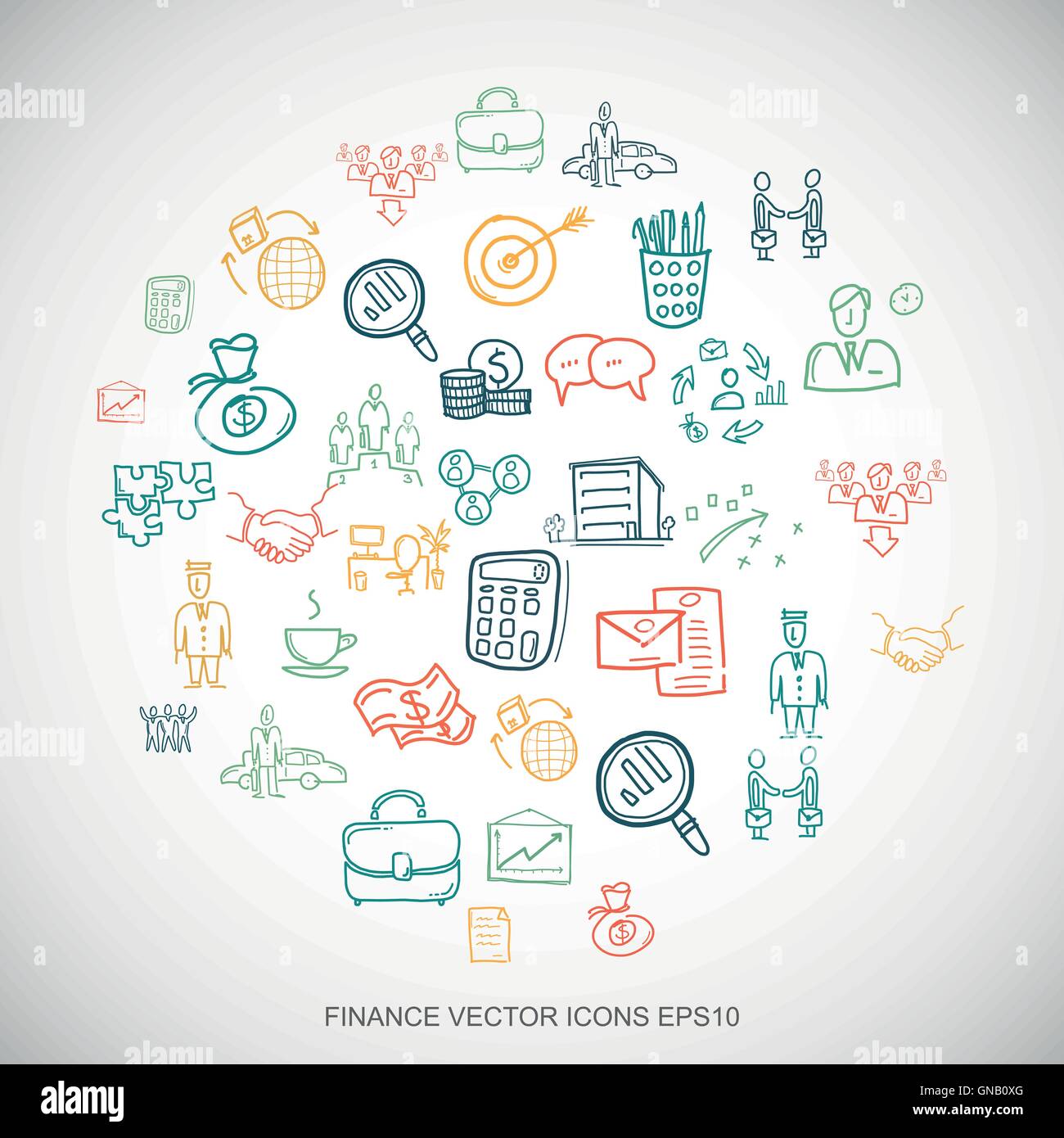 Multicolor doodles Hand Drawn Business Icons set sur blanc. EPS10 vector illustration. Illustration de Vecteur