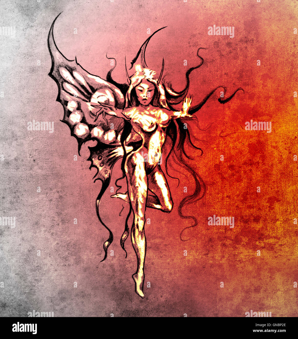 Croquis de l'art du tatouage, fairy butterfly Banque D'Images