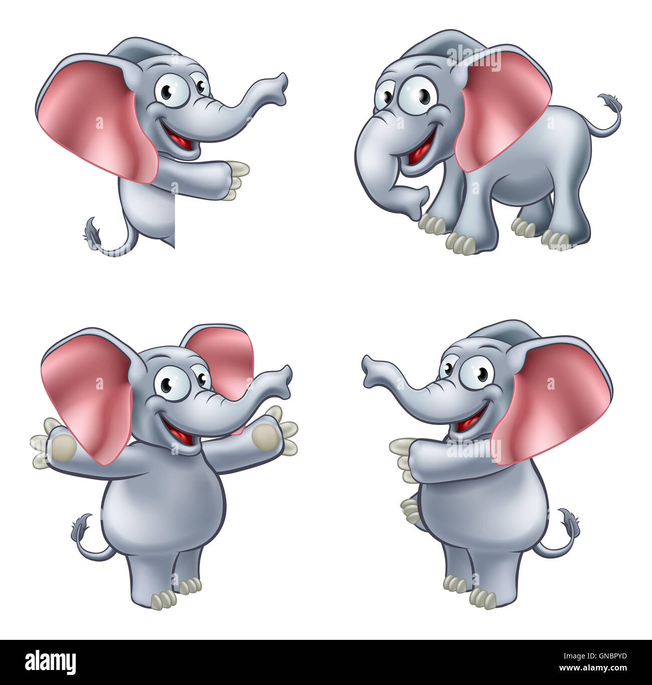 Un éléphant sympathique mascotte cartoon character dans diverses poses Banque D'Images