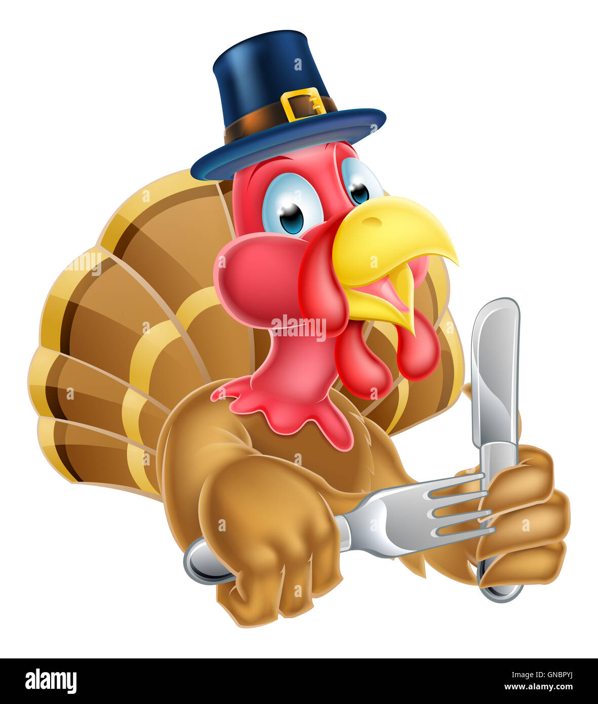 Une caricature de l'action de pèlerins hat turquie tenant un couteau et fourchette Banque D'Images