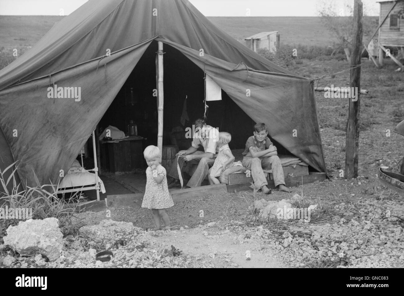 Famille de travailleur migrant vivant dans une tente, près de Canal Point d'emballage, en Floride, USA, Marion Post Wolcott pour Farm Security Administration, Février 1939 Banque D'Images