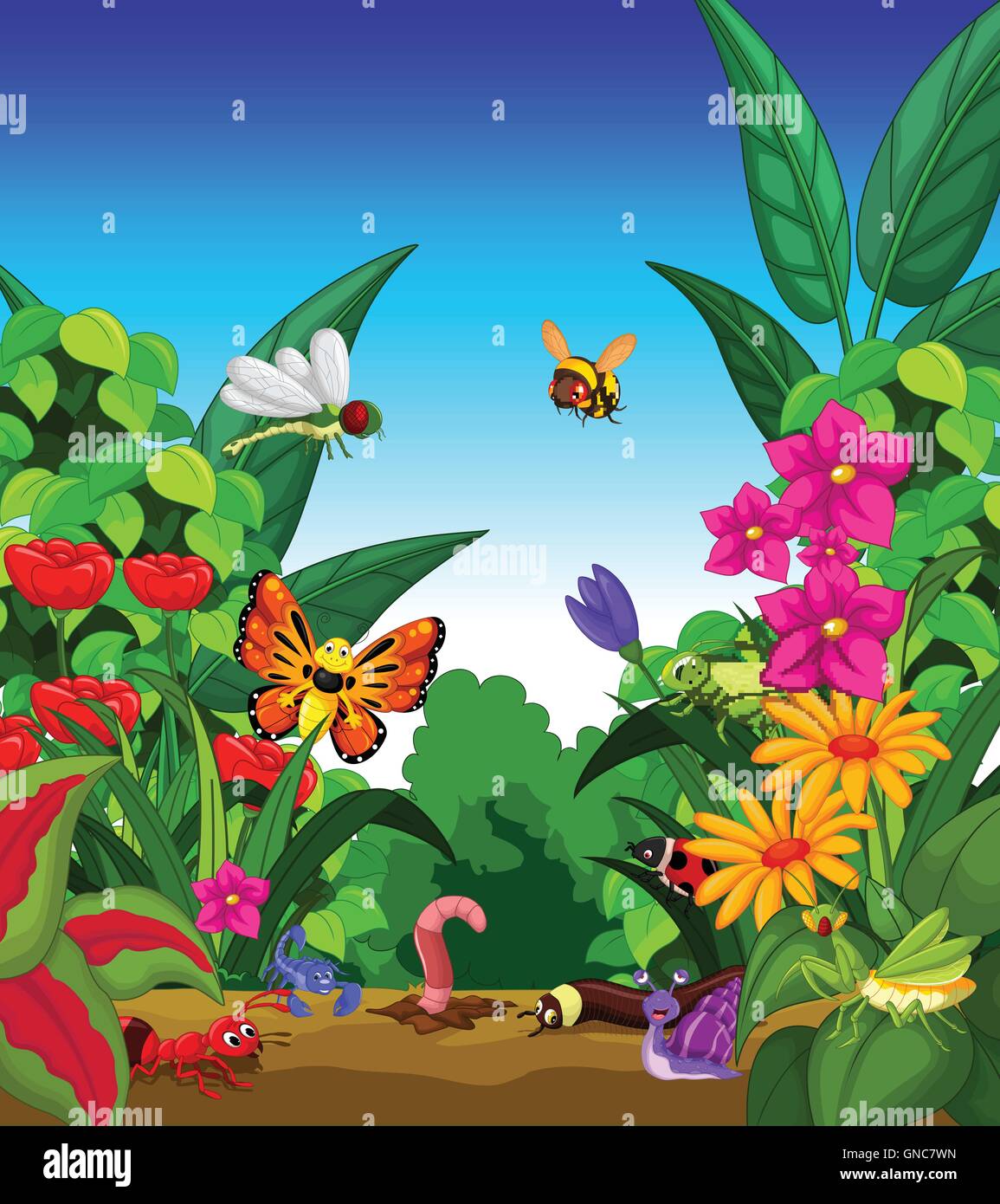 Collection d'insectes dans le jardin de fleurs Illustration de Vecteur