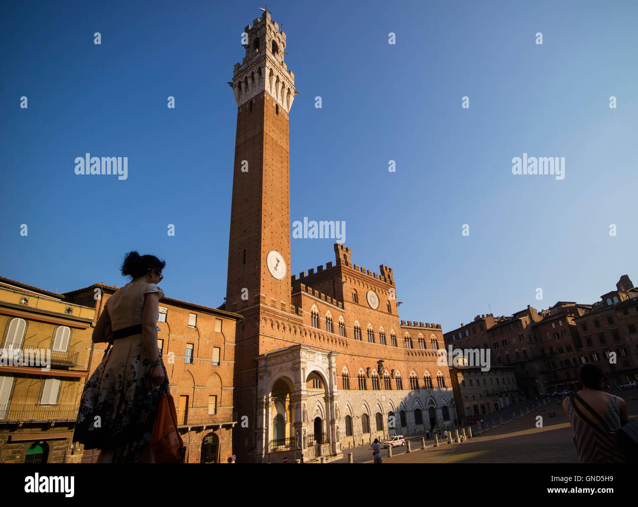 Sienne, la province de Sienne, Toscane, Italie. Piazza del Campo et Torre del Mangia Banque D'Images