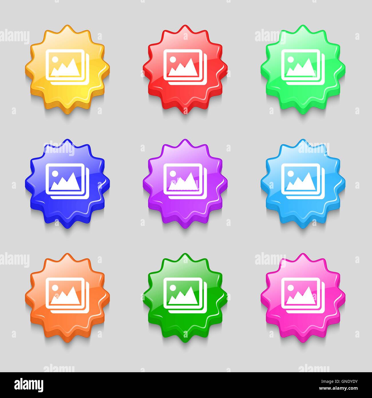 Images, jpeg, l'icône de la photo. signe symbole sur neuf boutons colorés ondulés. Vector Illustration de Vecteur