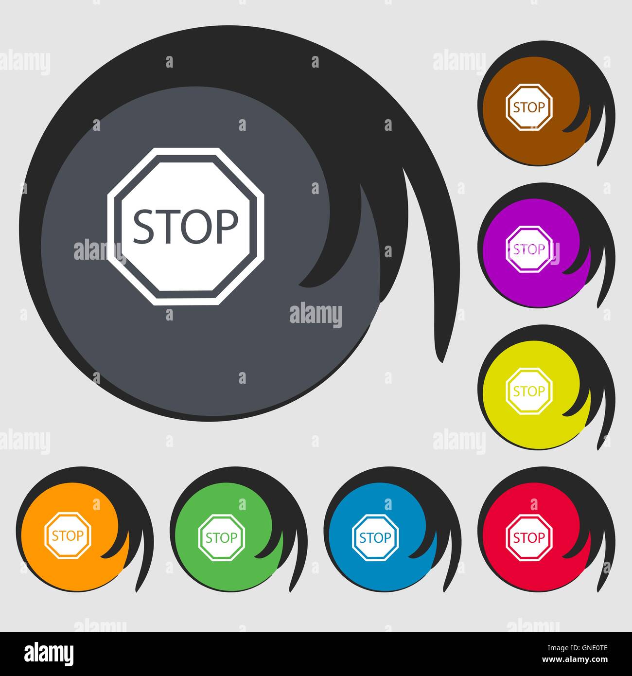 L'icône de panneau d'arrêt. Symboles sur huit boutons de couleur. Vector Illustration de Vecteur