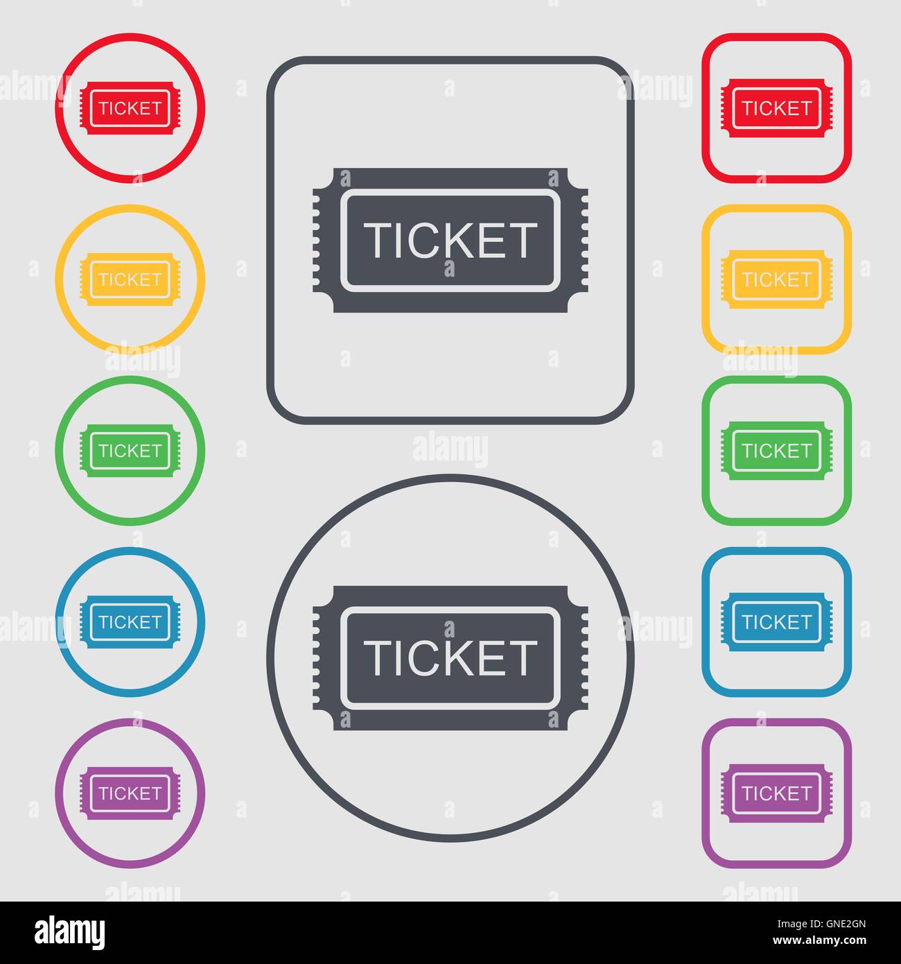 Icône Ticket signe. symbole sur le boutons ronds et carrés avec le bâti. Vector Illustration de Vecteur