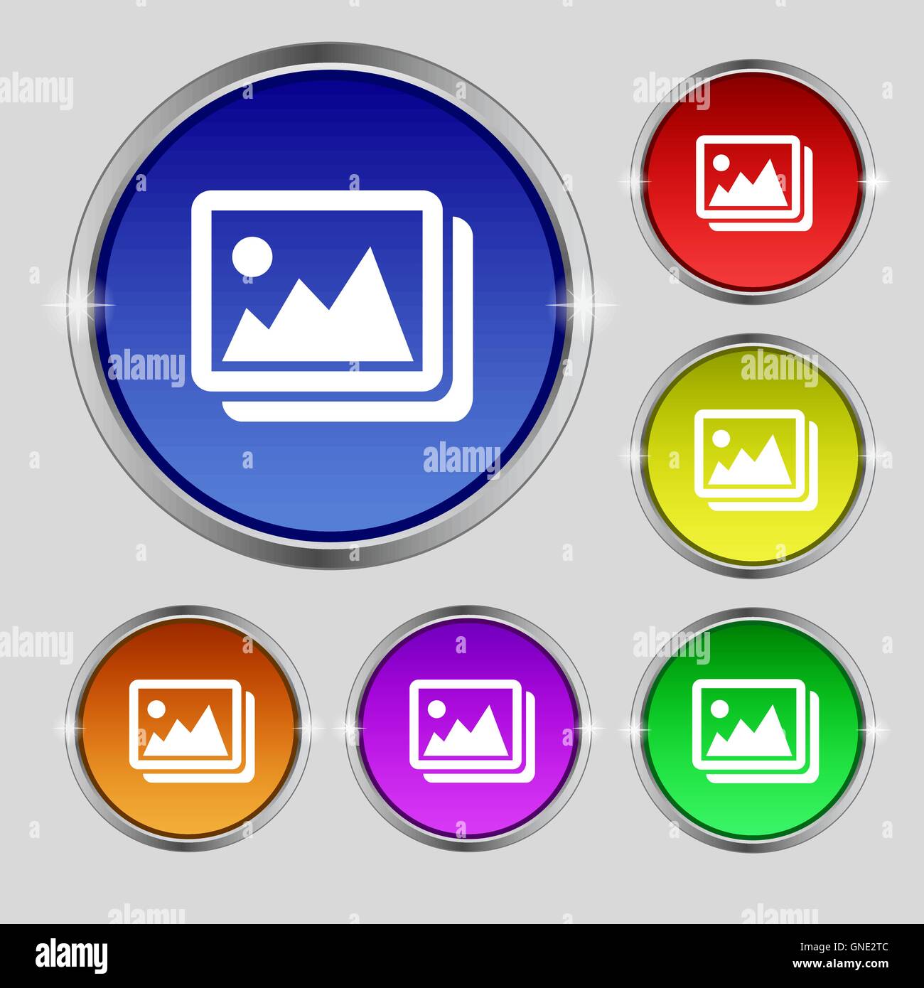 Images, jpeg, l'icône photo signe. Le symbole rond sur les boutons de couleurs vives. Vector Illustration de Vecteur