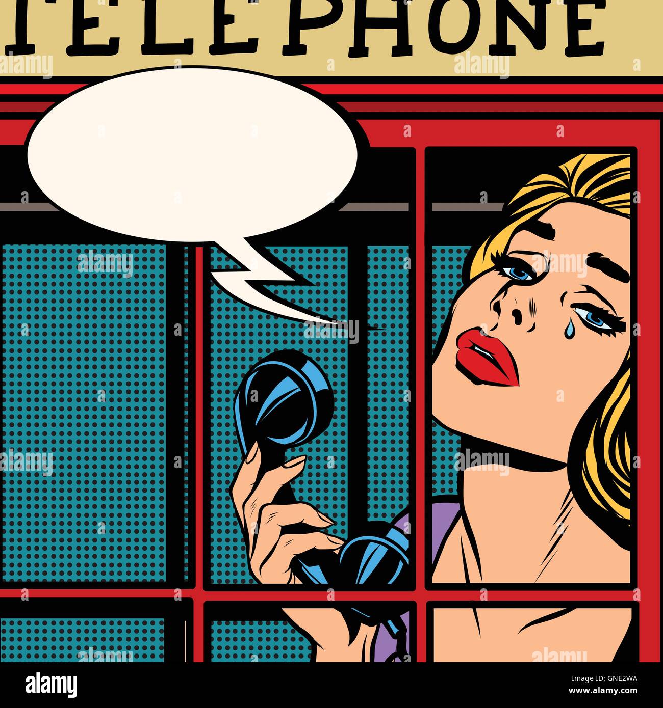 Jeune fille qui crie dans la cabine téléphonique rouge retro Illustration de Vecteur