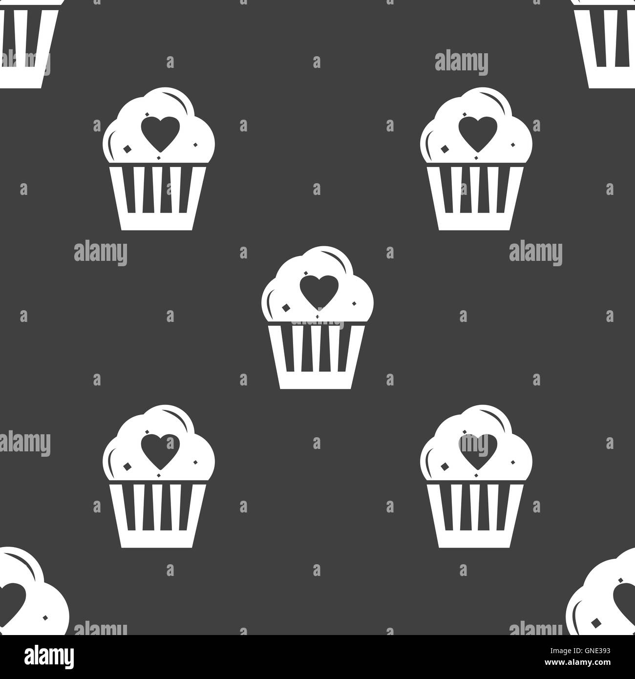 Lovely Cute Cupcake avec icône de Cœur signe. Motif transparente sur un fond gris. Vector Illustration de Vecteur