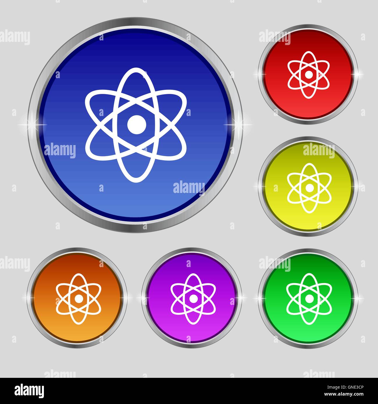 Atome, icône de physique signe. Le symbole rond sur les boutons de couleurs vives. Vector Illustration de Vecteur