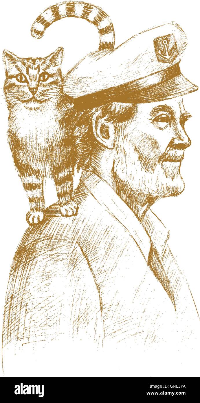 Vieux marin avec un chat Illustration de Vecteur