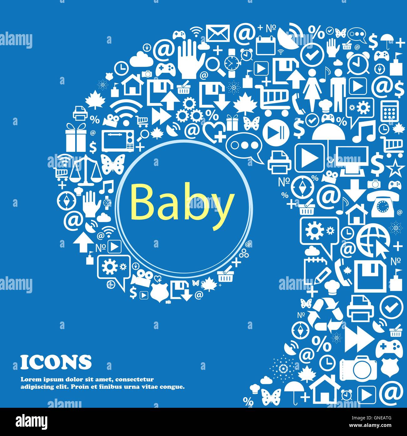 Icône de signe Bébé à bord. Bébé en voiture symbole attention. Sucette de bébé-mamelon . Bel ensemble de belles icônes tordu en spirale e Illustration de Vecteur