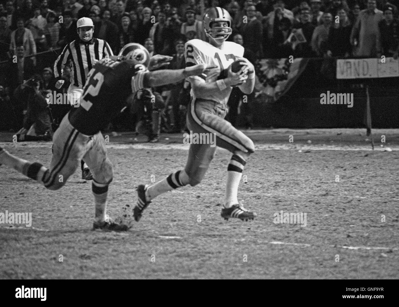 Le quart-arrière des Cowboys de Dallas Roger Staubach (12) porte le ballon au cours de la NFC Championship match contre les Redskins de Washington au RFK Stadium de Washington, DC Le 31 décembre 1972. Il est poursuivi par le secondeur gauche Redskins Jack Pardee (32). Les Redskins a gagné le match et le droit de jouer au Super Bowl VII par un score de 26 - 3. Credit : Arnie Sachs/CNP - AUCUN FIL SERVICE - Banque D'Images