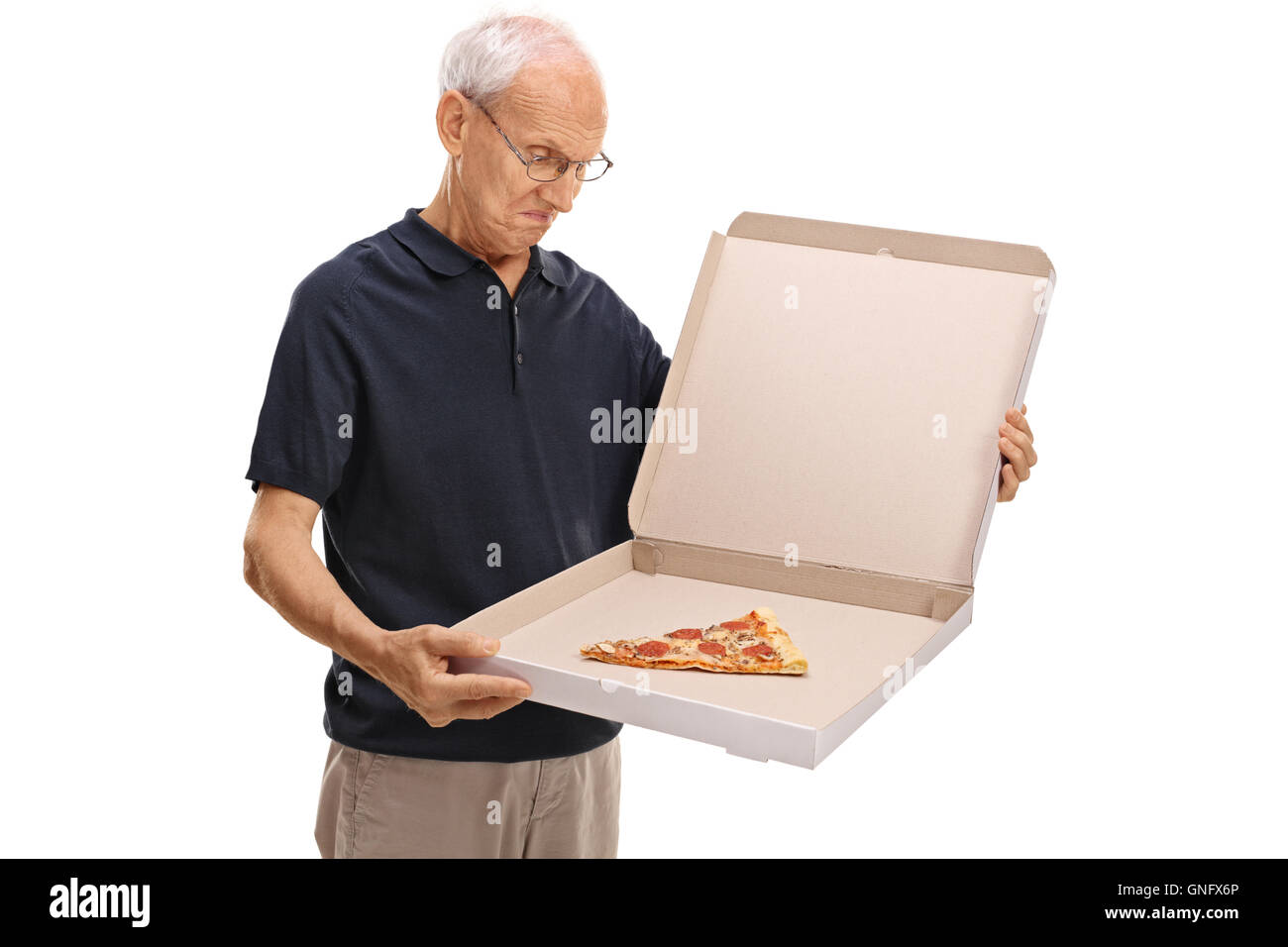 Déçu des hauts à lors d'une boîte à pizza avec une seule tranche de pizza isolé sur fond blanc Banque D'Images