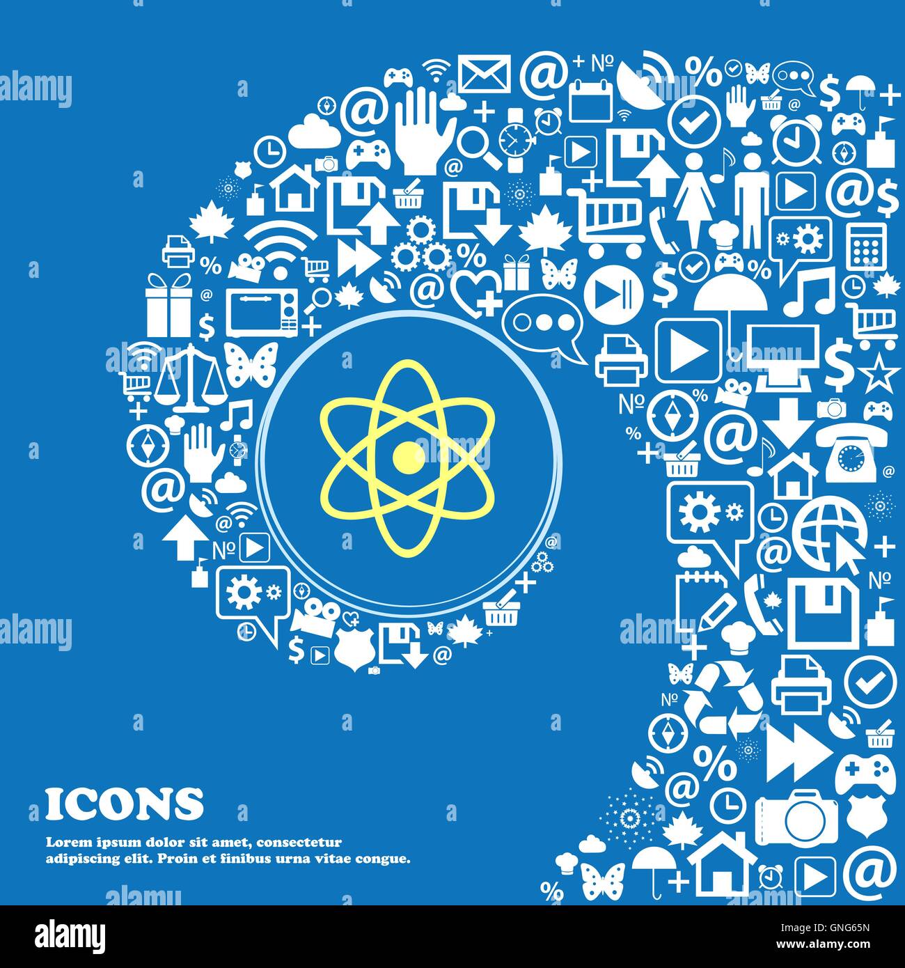 Atome, icône de signe physique . Bel ensemble de belles icônes spirale torsadée dans le centre d'une grande icône. Vector Illustration de Vecteur