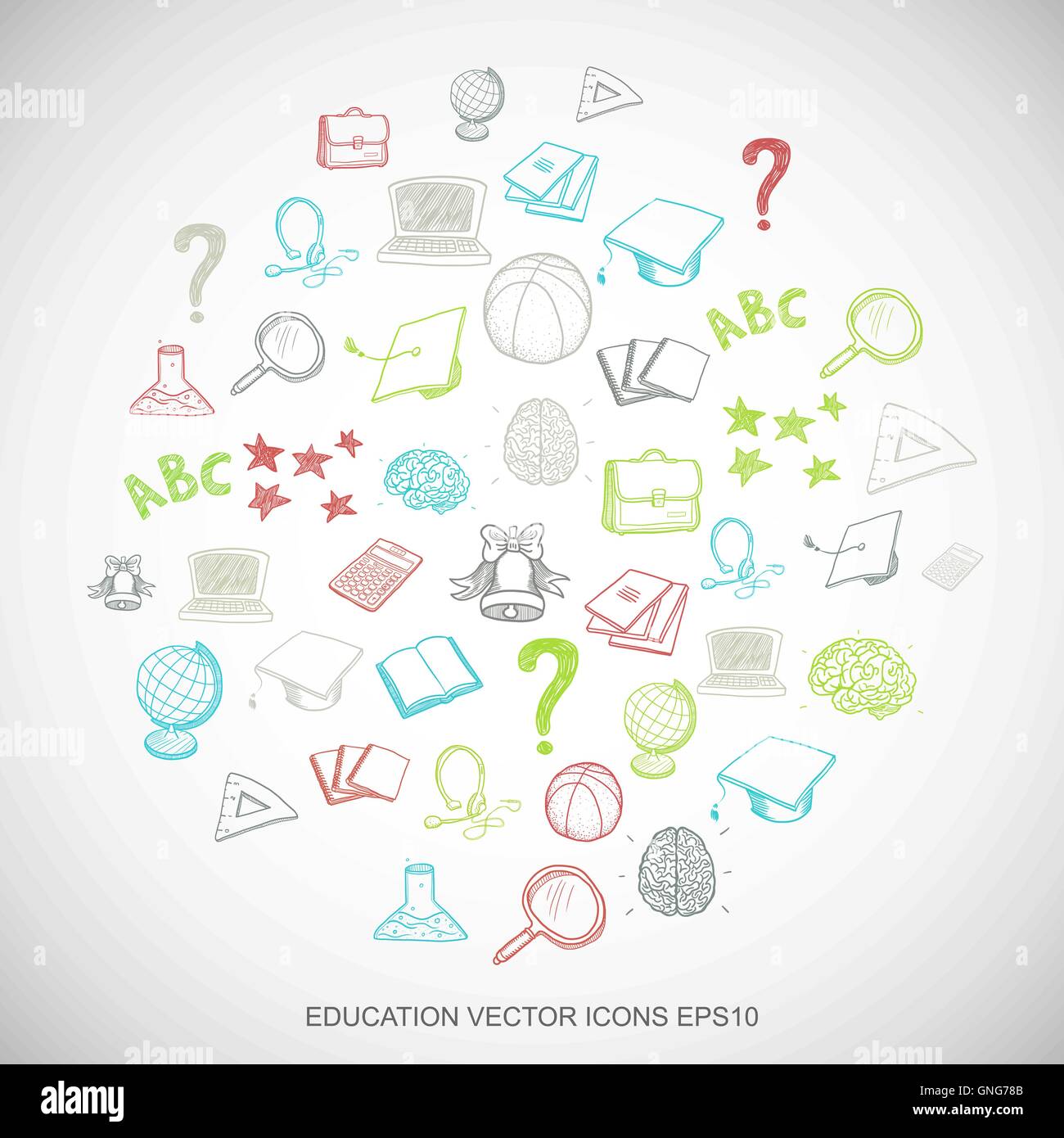 Multicolor doodles Hand Drawn Education Icons set sur blanc. EPS10 vector illustration. Illustration de Vecteur