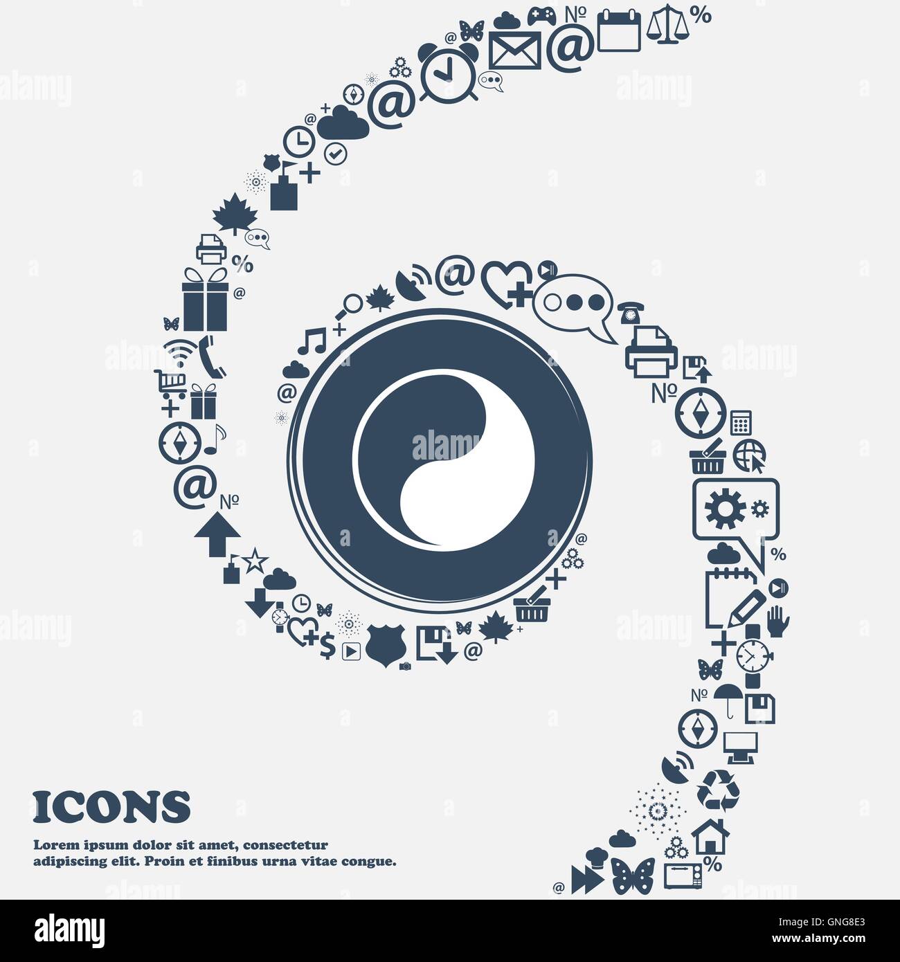 Icône Yin Yang signe dans le centre. Autour de la beaucoup de beaux symboles torsadés en spirale. Vous pouvez utiliser séparément pour chacun de vos Illustration de Vecteur