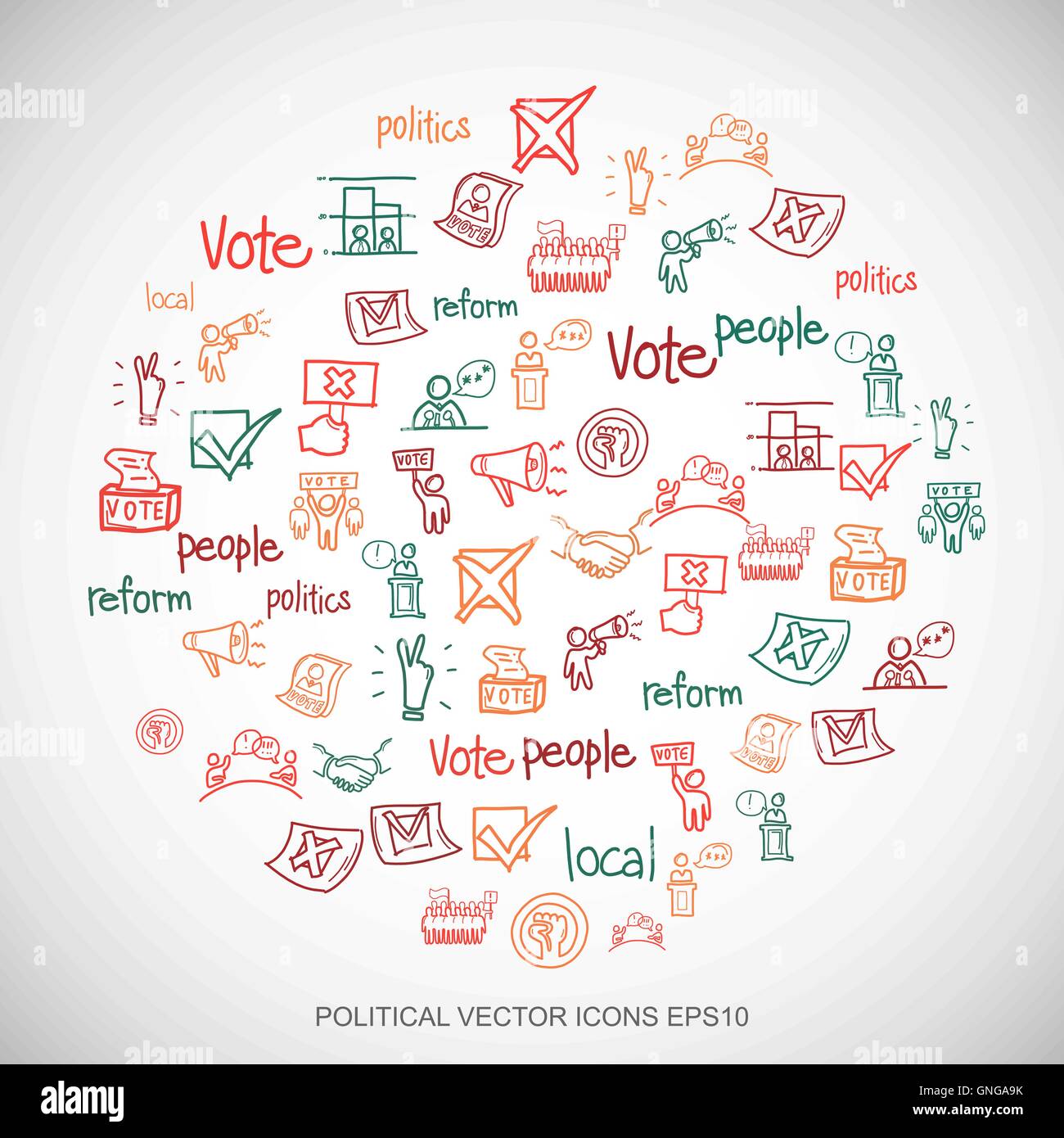 Multicolor doodles Hand Drawn Politics Icons set sur blanc. EPS10 vector illustration. Illustration de Vecteur