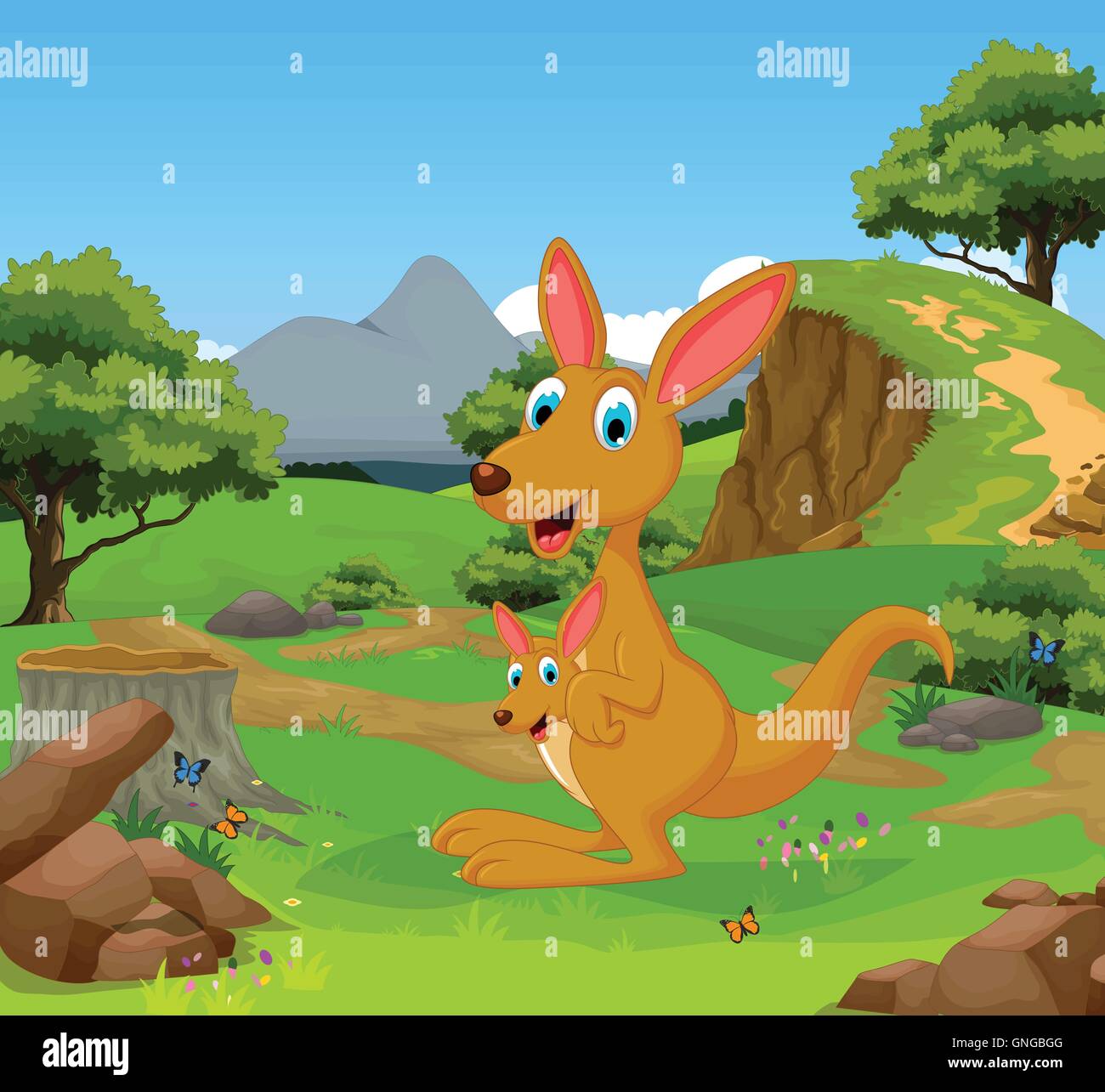 Funny cartoon kangourou dans la jungle avec l'arrière-plan du paysage Illustration de Vecteur