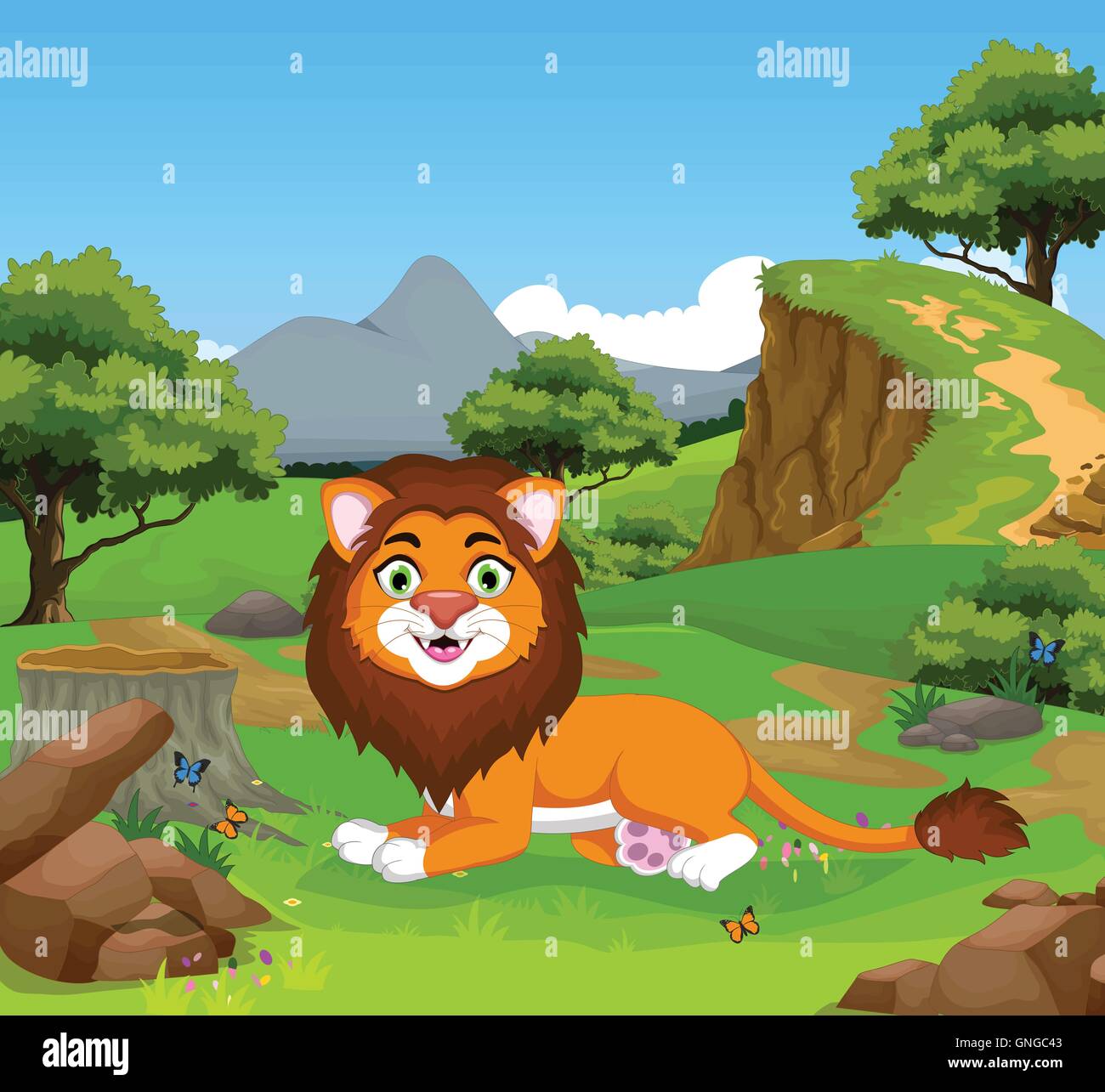 Funny cartoon lion dans la jungle avec l'arrière-plan du paysage Illustration de Vecteur