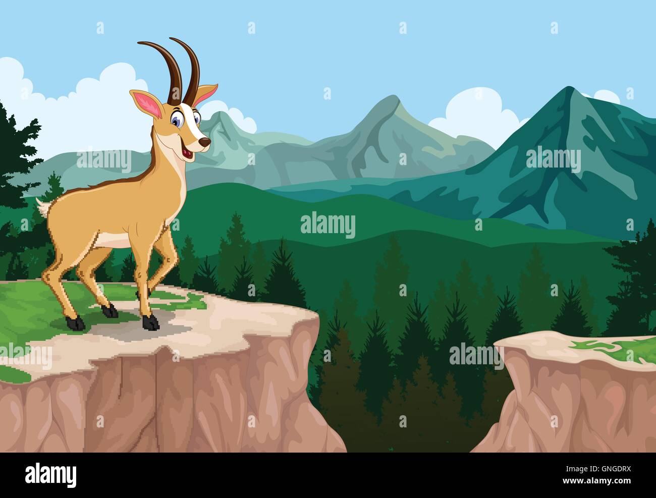 Funny cartoon chamois avec fond paysage falaise de montagne Illustration de Vecteur