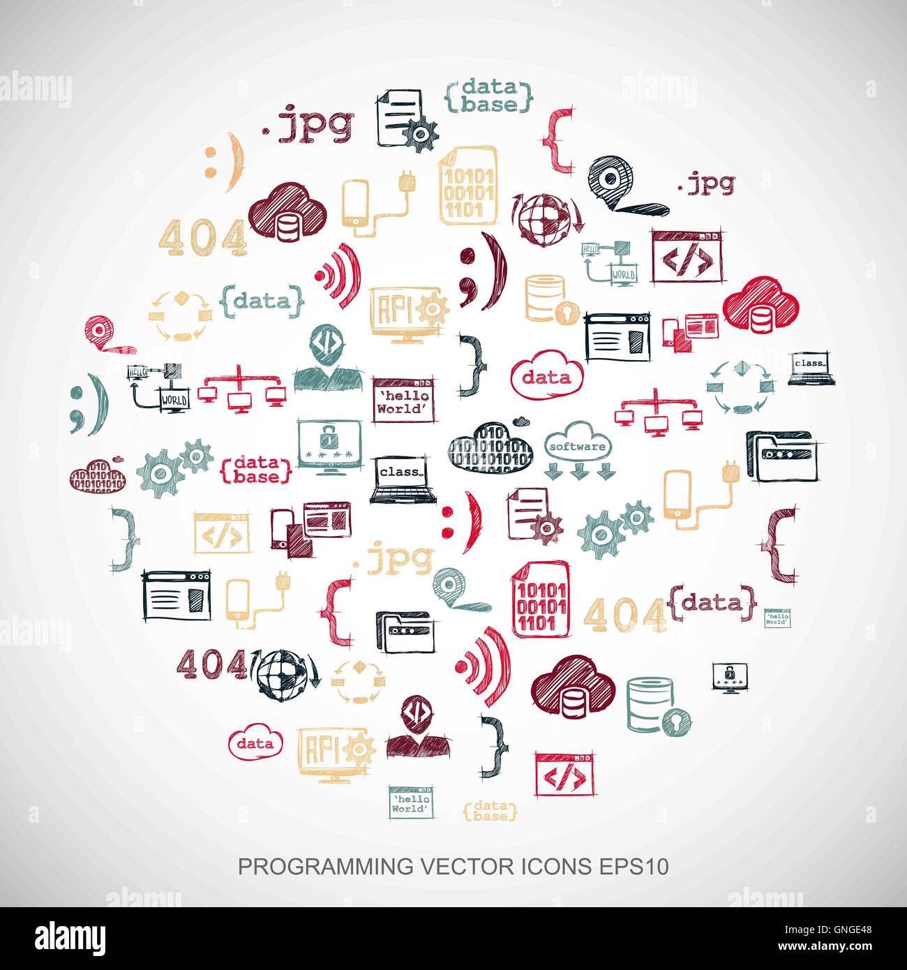 Multicolor doodles Hand Drawn Icons set Programmation sur blanc. EPS10 vector illustration. Illustration de Vecteur