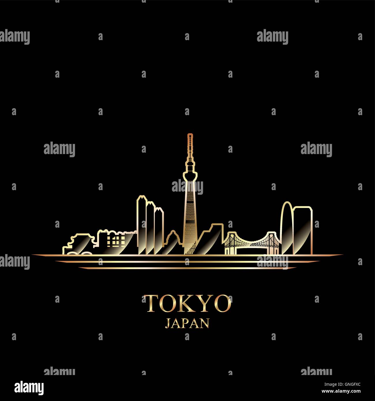 Silhouette d'or de Tokyo sur fond noir Illustration de Vecteur